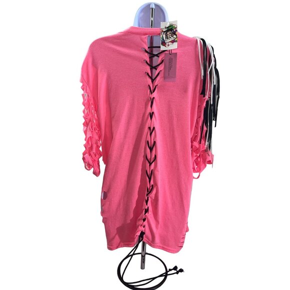 Rolling Stones Pink Cut-Out Lace-Up‎ Fringe Shirt Top With Tassels Large Custom - Picture 2 of 6